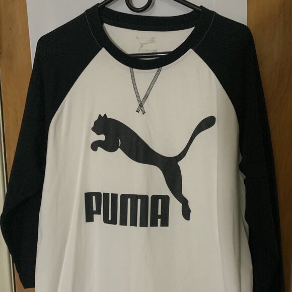 Men’s Puma Big Logo White Black RAGLAN 3/4 SLEEVE T-SHIRT - Picture 1 of 5